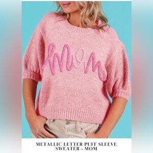 BiBi Metallic Letter Puff Sleeve Sweater- MOM